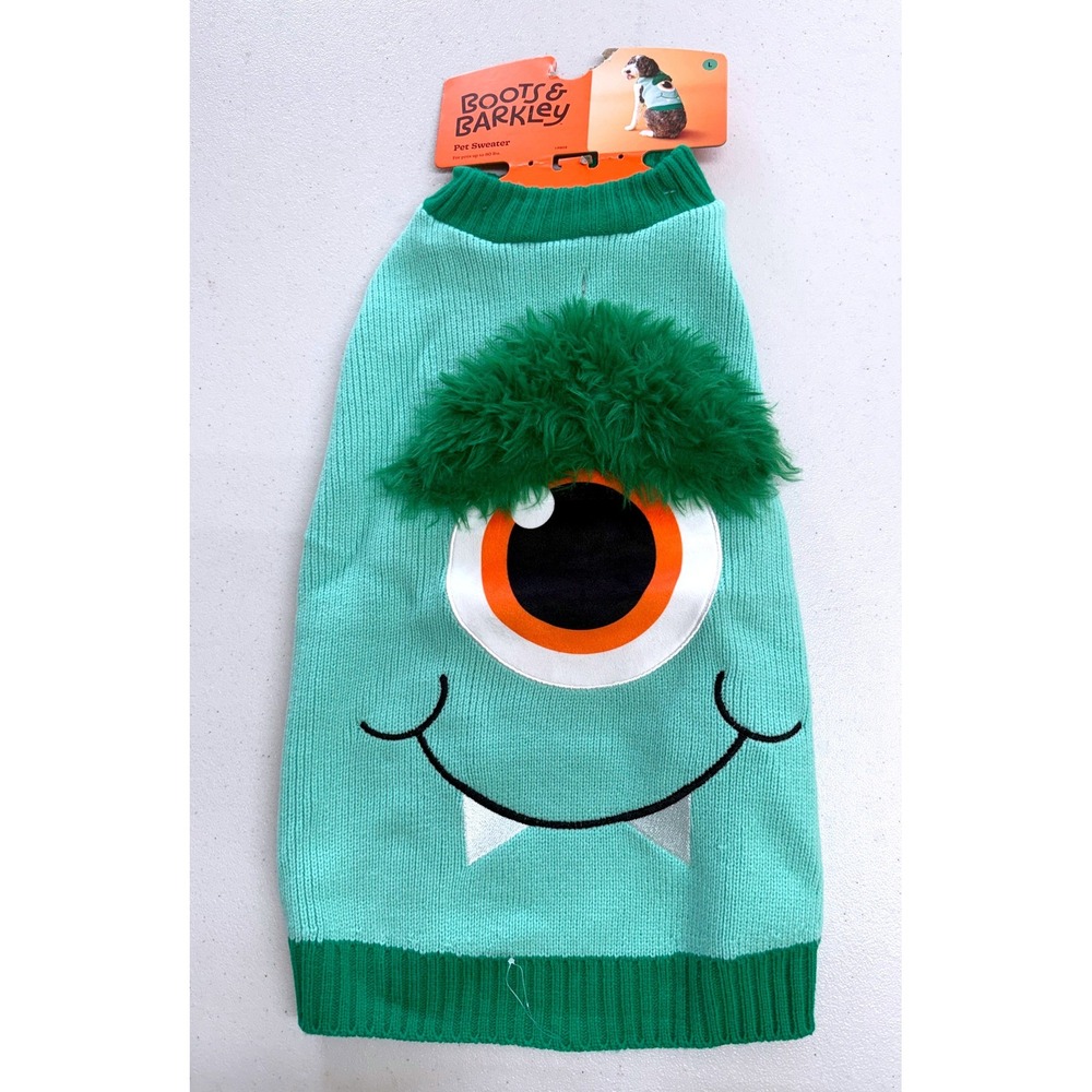 Boots & Barkley Monster Pet Dog Sweater Green Large L Fuzzy Eyebrow Eye Pullover